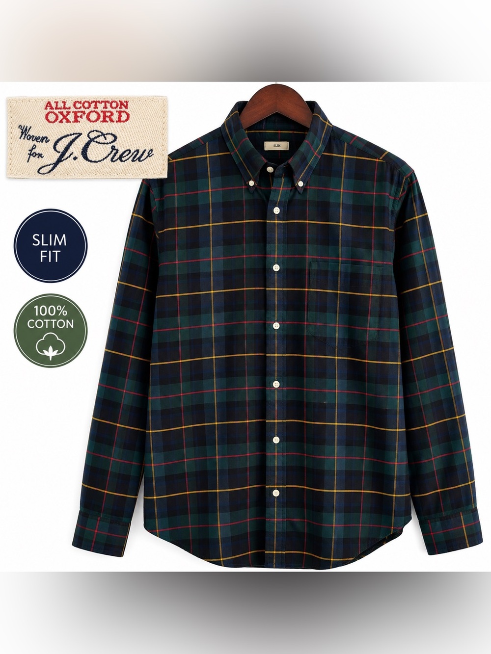 Crew Black Watch Tartan Plaid Oxford Shirt Slim Fit XL All Cotton Button Down